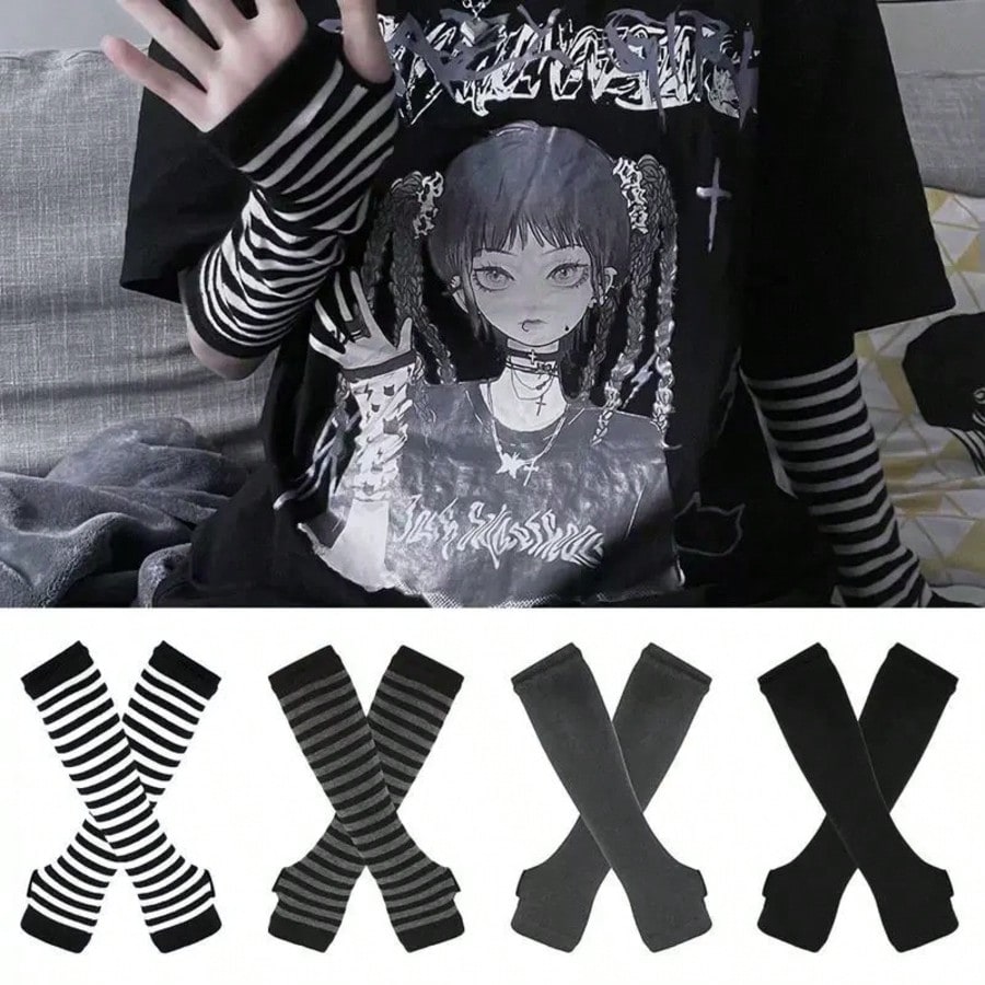 1 Pair Y2K Punk Striped Knitte - Fingerless Glove Knit reseña y precio